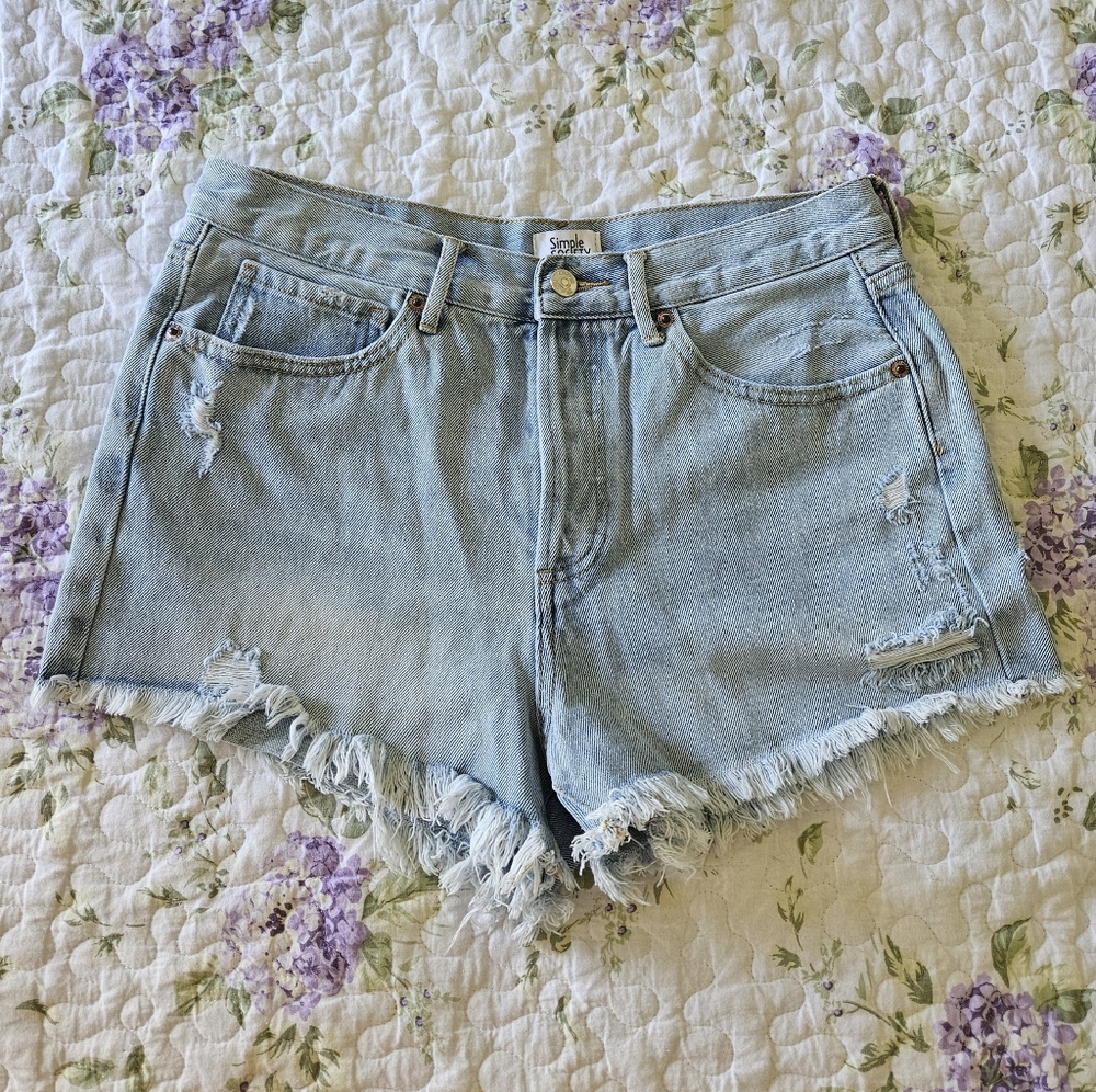 Distressed Light Blue Button Fly Jean Shorts By Simple Society